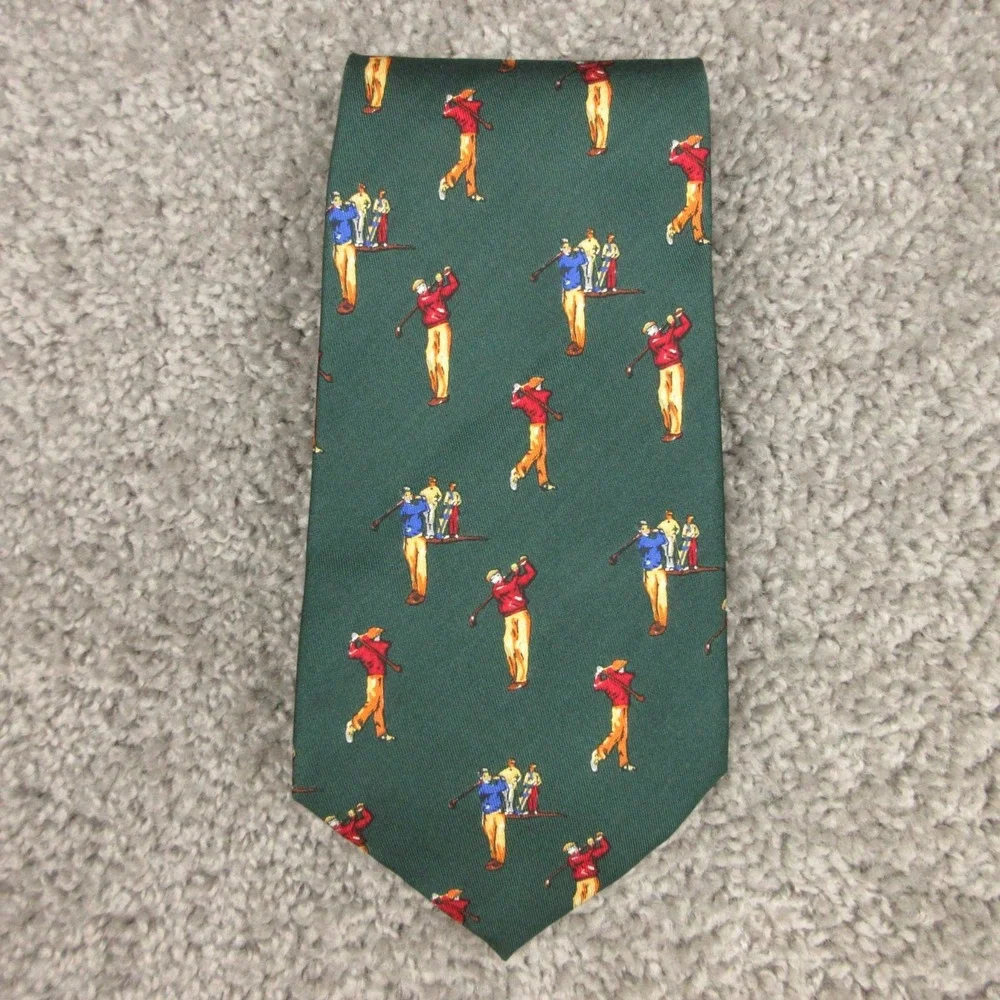 Vintage Polo Ralph Lauren Tie Mens Green Golfer Printed Silk Made In USA Novelty